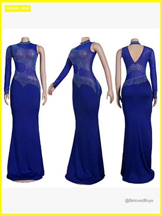 Rhinestone Sequin Maxi Dress Long Sleeve Bodycon Formal Club Night Out - Picture 4 of 7